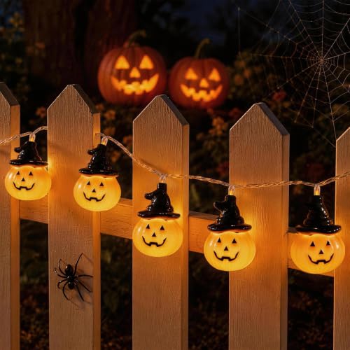 Guirnalda de Luces de Calabaza para Halloween, 20 LEDs, 2.3m, Temporizador | Color Naranja, Funciona con Pilas, Decoracion Halloween, para Interiores y Exteriores, Jardines, Dormitorios, Patios