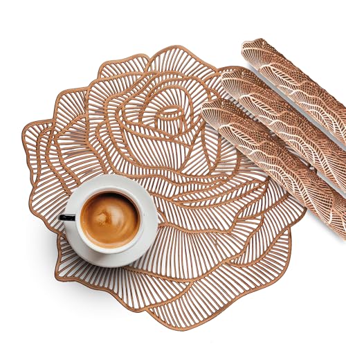 Image of Kuber Industries 4 Pcs Set Leather Side Table Mats | Easy to Clean Dining Table Mat for Party, Wedding and Family Functions | Gulab Design - Copper