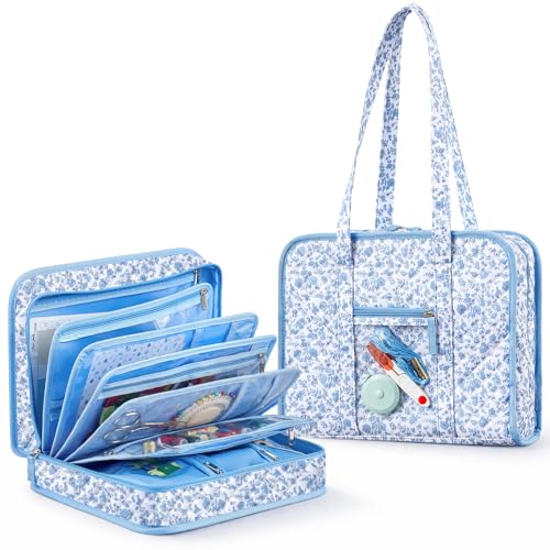 Abbylike Sewing Supplies Organizer Bag with 8 Compartments Large Capacity Craft Storage Tote with Clear Pockets Portable Sewing Kit Organizer Mothers Day Gift for Knitting Crochet & Art Tools