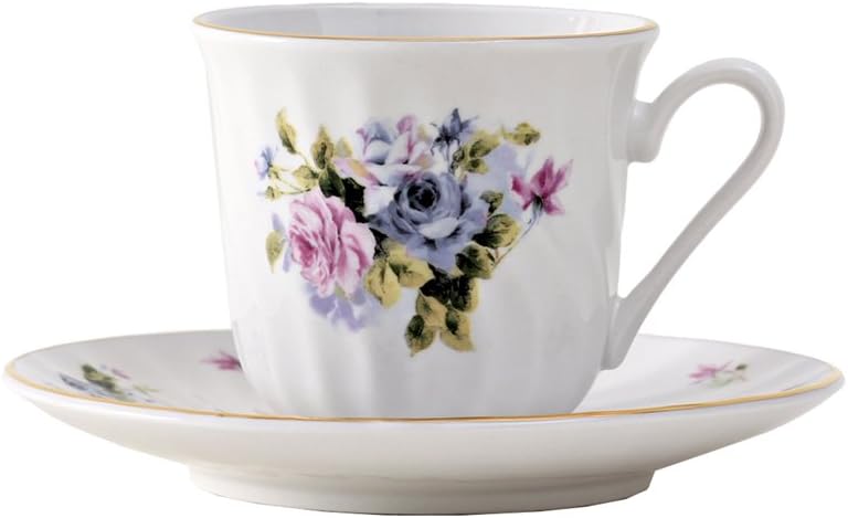 Porcelain Vintage Floral Saucer & Tea Cup Set with Gold Trims & Embossed Swirls - Tea Cups and Saucers for Parties & Celebrations - Serafina Tea Cups Set of 6 by Lynns
