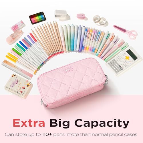 Image of Sooez Large Pencil Case Pouch, Extra Big Pencil Bag with 8 Compartments, Pen Bag Wide Opening, Soft Quilted Pencil Pouch Organizer with Zipper, Portable Pencil Case for Teen Girls, Pink