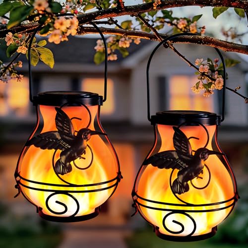 Solar Lanterns Outdoor Waterproof Hummingbird Hanging Solar Lantern Outdoor Garden Decoration Gifts for Mom Grandma Flickering Flame Lights 2 Packs