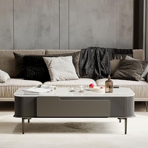 Image of DecorNation Valencia Faux Marble Coffee Table Graphite Grey with Two Drawers Storage - PVD Coated Legs - Modern Living Room Accent Furniture