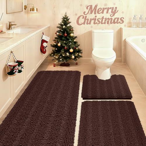 ACCUMTEK Striped Brown Bathroom Rug Set 3 Pieces Ultra Soft, Non Slip Chenille Toilet Mat, Absorbent Plush Shaggy Bath Mats for Bathroom, Bedroom, Kitchen