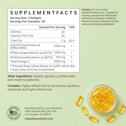 Image of Luma Nutrition Omega 3 Fish Oil Supplement 2500mg - 60 Softgels (Pack of 3)