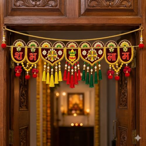 Image of ONESTA Shubh Labh Door Toran for Main Door | Traditional Handmade Bandarwal with Kalash, Bells & Colorful Tassels | Decorative Door Hanging for Diwali Navratri Housewarming & Pooja Decor 3Feet 36 Inch (Pack 01)