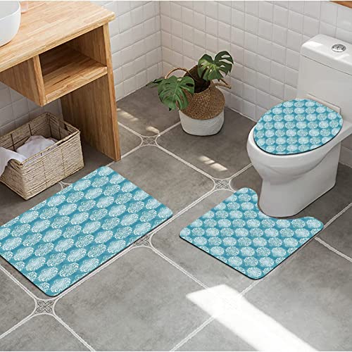 3 teiliges Badematten Set rutschfest U-FöRmige Duschvorleger,Blau und Weiß, Damastkunstblumen mit barocken Schnörkeln… – Bild 5