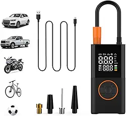 Calibrador Compressor Bomba De Ar Portátil Digital com Lanterna LED para Encher Pneus de Carro, Moto, Bike, Bicicleta, Bola e Piscina Inflável– Bateria Recarregável de 4000 mAh Premium