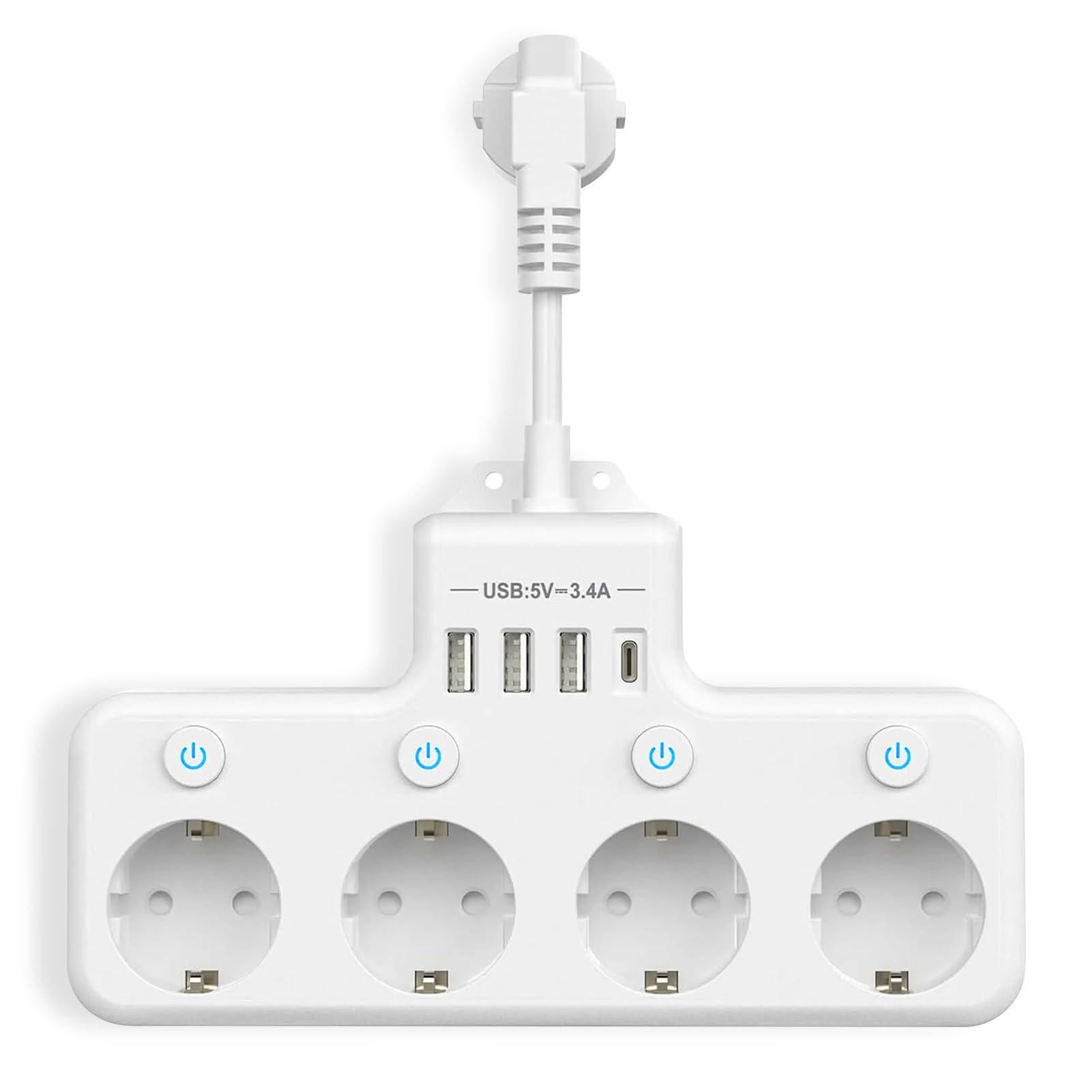 Steckdosenleiste mit USB, 4 Fach Mehrfachsteckdose Mit Einzelschalte Mehrfachsteckdose Mit 3 USB & 1 Type-C (5V 3.4A) für Küche Wohnzimmer Schlafzimmer Büro