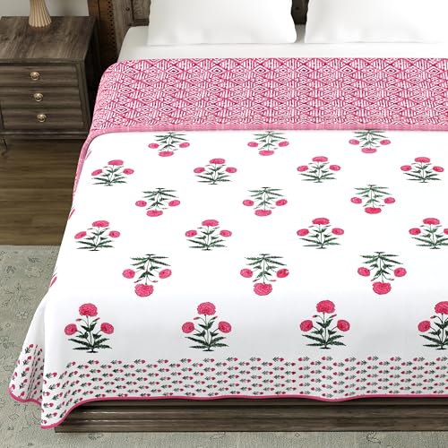 Image of BLOCKS OF INDIA 100% Cotton Dohar King Size Reversible Hand Block Printed Malmal Summer Dohar /Blanket (Color 47)