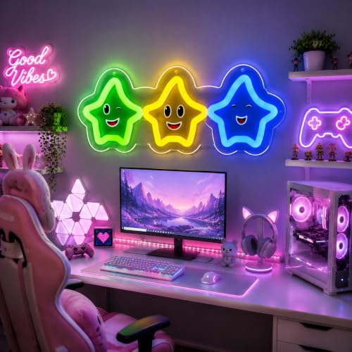 Image of Cute Stars Neon Sign Gaming LED Neon Light for Wall Decor, Dimmable Colorful Cartoon Stars for Gaming Room Bedroom Kids Room Party Decoration Gifts for Kids