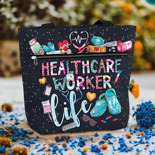 Image of 84hoods Large Waterproof Tote Bag with Pockets and Zipper for Work. Gift for Nurse. Shoulder Bag for Women.