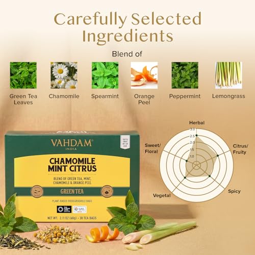 Image of VAHDAM, Chamomile Mint Citrus Green Tea Bags (30 Count) Low Caffeine, Non GMO, Gluten Free | Sweet & Floral | Resealable Ziplock Pouch | Individually Wrapped Chamomile Tea Bags