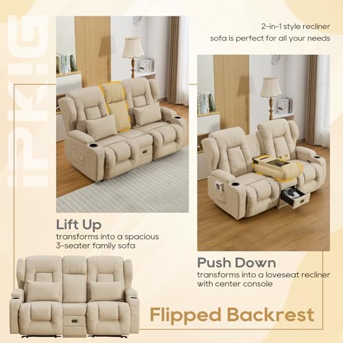 Image of IPKIG 67 inch RV Loveseat Double Recliner Sofa with FILP Back Console, Storage Drawer, Side Pockets, Lychee Pattern Tech Fabric Manual Reclining Chair Home Theater Seating (Beige)