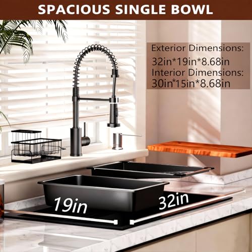 Image of Black Drop In Kitchen Sink: 32in Stainless Steel single bowl Workstation | 8.68 Spacious Single Basin Speeds Up Post Feast Cleanup For Heavy Cooking Homemakers Via 7-Piece Accessories Combo