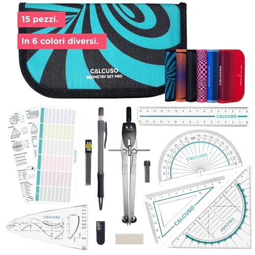 CALCUSO SET DI GEOMETRIA PRO in un astuccio turchese con compasso e goniometro - Astuccio pratico per scuola, università, ufficio e disegni - Ideale come set di geometria per la scuola