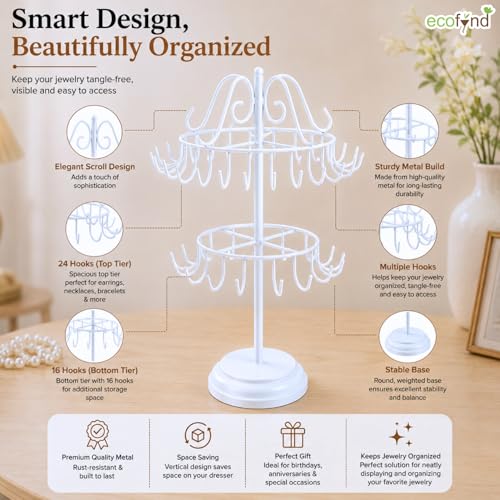 Image of ecofynd 2-Tier Metal Jewelry Organizer Stand with 40 Hooks, 360 Rotating 20-Inch Holder for Earrings, Necklaces, Bracelets & Rings, Space-Saving Display for Vanity & Dressing Table (White, JS013)