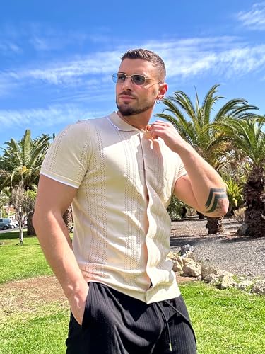 COOFANDY Men's Knit Button Down Shirt Vintage Short Sleeve Polo Shirts Casual Beach Tops2