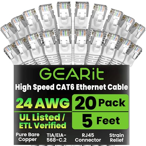 GEARit Cat6 Patch Cables White 5ft Cat 6 Ethernet Cable 20-Pack