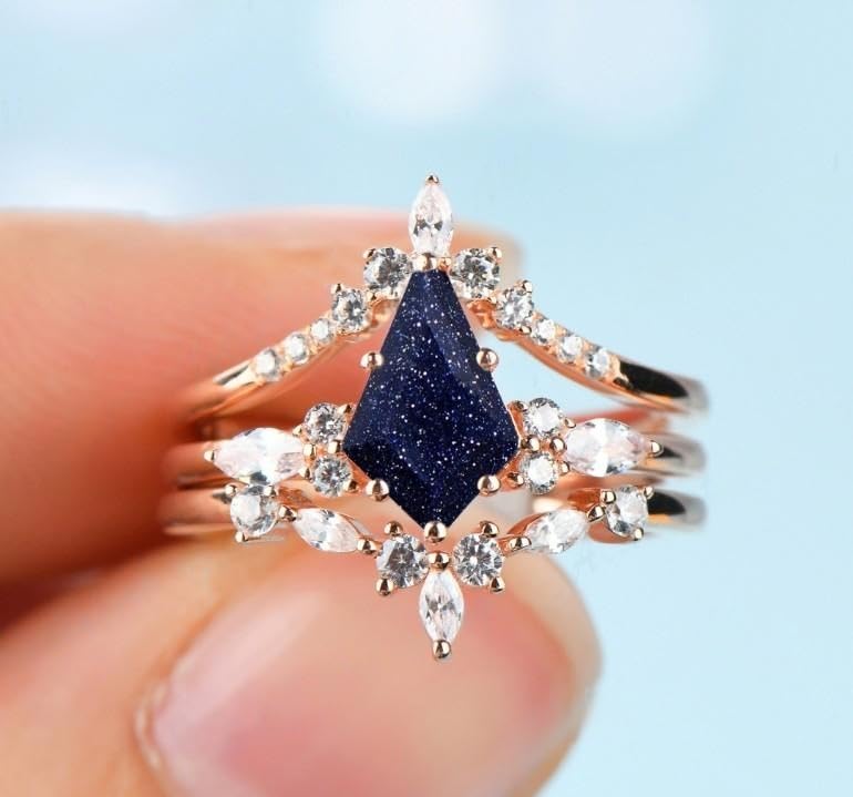 Unique Engagement Ring Set, Kite Cut Blue Sandstone Anniversary Rings, Vintage Bridal Promise Ring Set, Chevron Wedding Band, Stackable Ring3