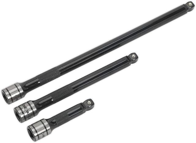 Sealey AK7691 3 Piece 3/8-inch Sq Drive Wobble/Rigid Extension Bar Set Black Series, Silver