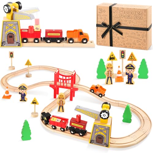 COOLJOYA Land Tren Juguete,39Pcs Trenes de Juguetes para Niños con Pistas de Madera, Juguetes de Madera para Niños de 2, 3, 4 y 5 Años, Niños y Niñas para Navidad