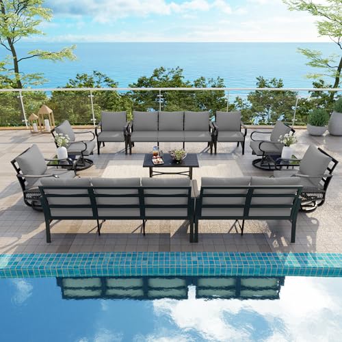Image of 12 Pieces Patio Conversation Sets, All-Weather Metal Swivel Rocking Chairs with Rope Furniture Set, Outdoor Sofa Couch for Deck, Porch, Garden, Backyard, Poolside (Gray Cushions)