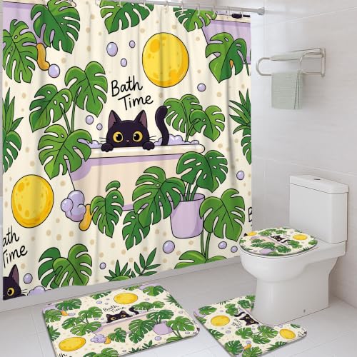 Rideaux de douche polyester imperméable contre humidité tapis bain chat vert - 2