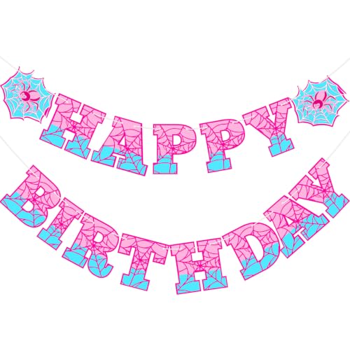 Image of Oudain Spider Theme Birthday Banner Pre-strung Web Flags,Pink Blue | Cartoon Backdrop Design, Happy Birthday Bunting for Party Supplies, Easy Hanging Decor for Themed Celebration