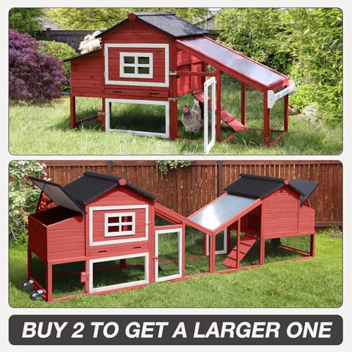 Chicken Coop Expandable Chicken House for Outdoor with Wheels Nesting Box, Leakproof Pull-on Tray, and UV-Resistant Roof Panel - Red