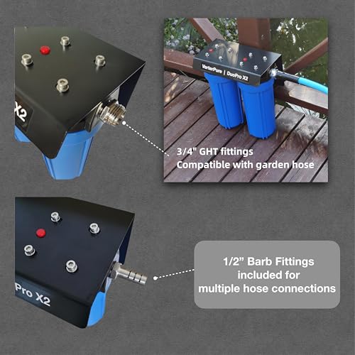 Image of DuoPro X2 Two-Stage RV Fresh Water Filter System, High Flow, NSF Housings, 3 /4 inch GHT Garden Hose Fittings, Reduce Sediment, Chlorine, Odor, Heavy Duty Mounting Bracket, Blue