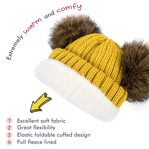 Simplicity Boys Girls Knitted Toddler Winter Hat With Pom Warm Toddler Beanie Plush Lined Pom Pom Hat Kids Beanie Cap Elastic Toddler Winter Hat, Yellow #TOP1