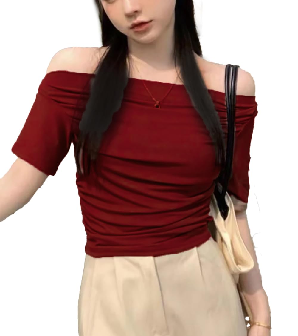 istyle can Korean Solid Short Sleeve Asymmetric Collar Pleated Cropped Top - Asymmetrical Neck, Ruched Design, Regular Sleeve, Casual, Half Sleeve, Slim Fit-picture-41