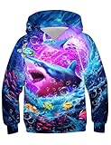 TUONROAD Kids Pullover Hoodies Warm Thick Hooded Sweatshirt Fashion Novelty Sweater for Boys Girls, Blue Shark, Size 14-16 Years