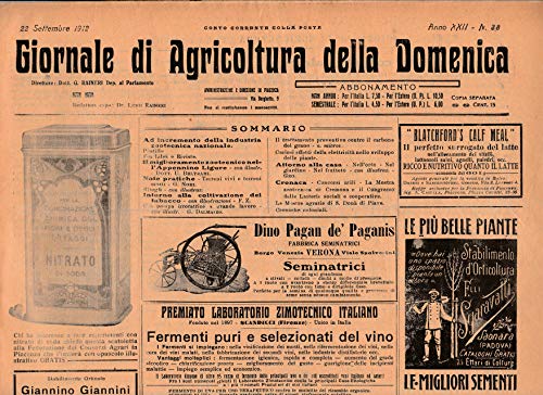 Giornale di Agricoltura della Domenica N° 38, Il migliore zootecnico nell'Appennino Ligure,Intorno alla Coltivazione del Tabacco, rare pubblicita settoriali di epoca.