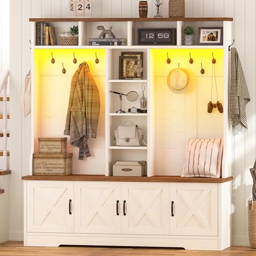 CSZZD Large Hall Tree with Bench, RGB LED Lights & Entryway Storage | 5-in-1 Multifunctional Farmhouse Entryway Bench with 12 Coat Hooks, 8 Adjustable Storage Cubbies, Spacious Shoe Storage Bench