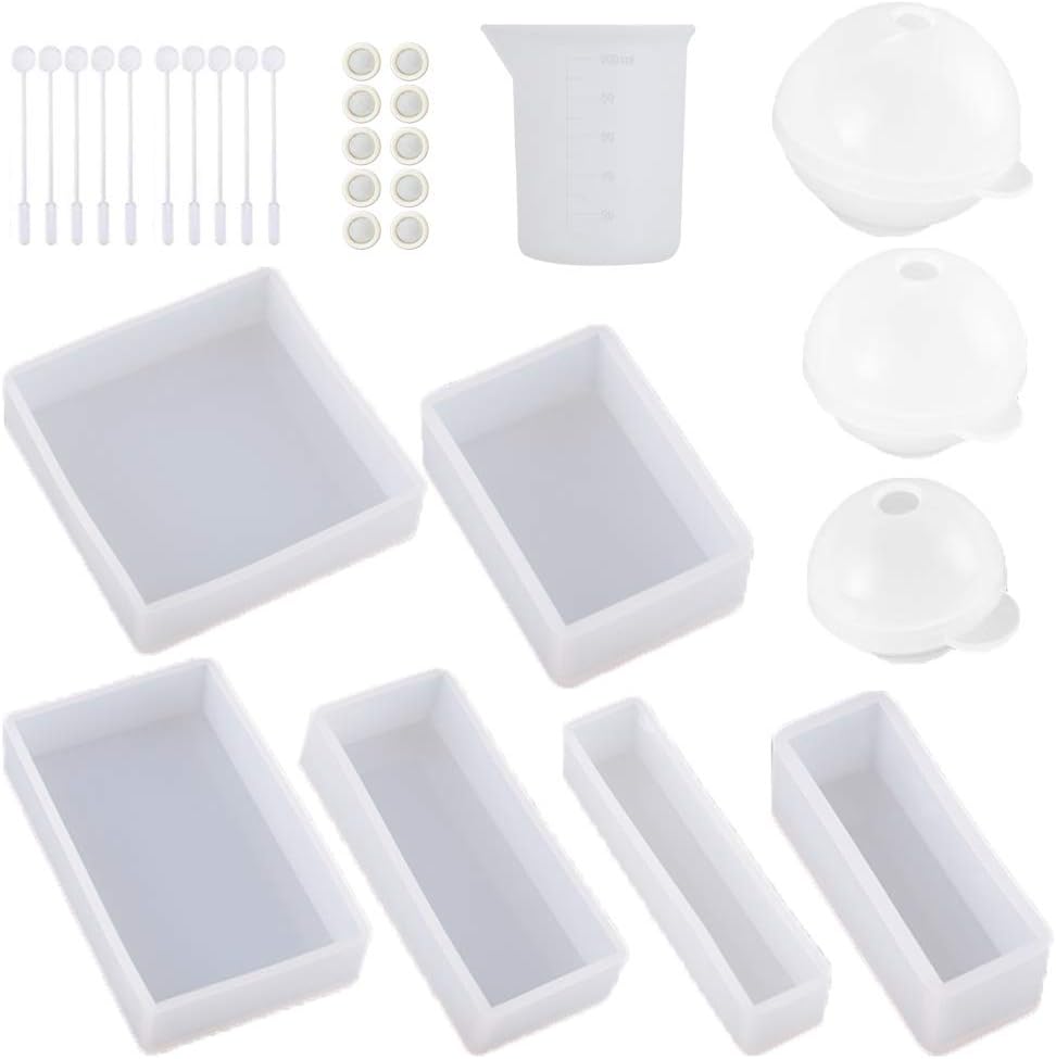 Resin Molds for Crafts, 9 Pack Silicone Resin Mold Kit for Casting Epoxy Resin UV Resin, Include Square, Rectangle, Ball Molds, with Resin Mixing and Measuring Tools.