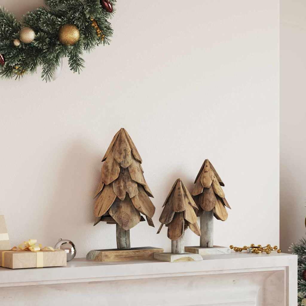 Árbol de Navidad con Soporte de Madera Maciza de Teca Adorno Festivo Marrón 3 Piezas