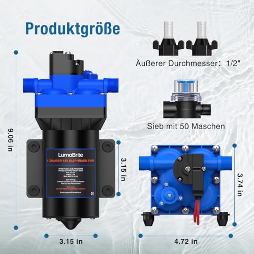 LumaBrite Wasserpumpe 12V Druckwasserpumpe, 6.0 GPM 70 PSI Wasserpumpe Selbstansaugend mit Druckschalter Wohnwagen 12v Membranpumpe für Camping Gartenbewässerung, Boote