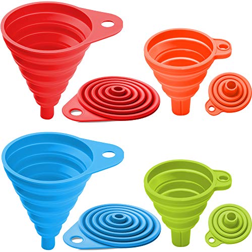 Kitchen Collapsible 4 Flexible Silicone Funnels Large And Small Funnel Set For Oil Food And Water Bottles BPA-Free  Brush and Recipes E-Book  By Lebice 4 colors