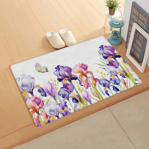Watercolor Purple Floral Kitchen Bath Door Mat Cushioned Runner Rug,Washable Welcome Floor Sink Antifatigue Mat,Waterproof & Non-Slip Comfort Standing Doormat,Wildflower Leaves Hearb White 18