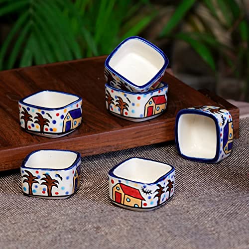 Image of Freakway Handpainted 6 Dips of Hut Ceramic Dip Bowl /Chutney Bowl /Pickle Bowl /Sauce Serving Bowl Set (50 ML, Small, 6-Pieces, Multicolour, Cartoon Shape Square)