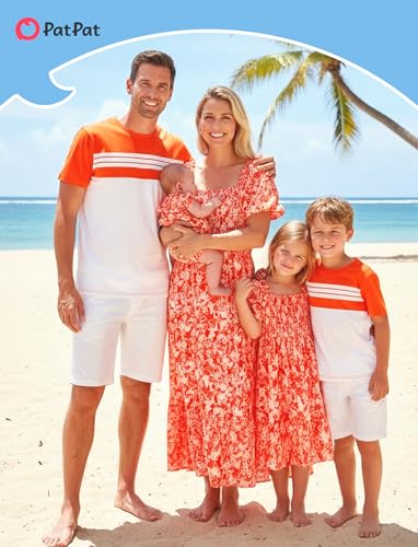 Image of PATPAT Family Matching Outfits Mommy and Me Dresses Floral Dress & T-Shirts | Mommy and Me Easter Dresses, Puff Sleeve Floral Sundress, Cotton Blend T-shirts, Couples Party Wedding Vacation Outfits