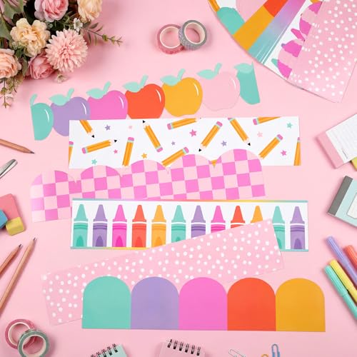 Image of 60 Pcs 69 ft Pastel Bulletin Board Borders Back to School Classroom Decor Pencil Dot Apple Crayon Die-Cut Border Trims for School Teacher Classroom Blackboard Decoration