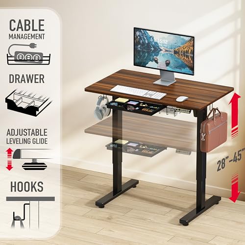 Image of SHW 40-Inch Electric Height Adjustable Standing Desk with Drawer, Memory Preset and Cable Management Tray, Walnut