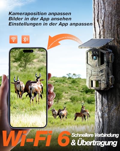 iZEEKER Solar Wildkamera 4K 64MP mit Handyübertragung App, WLAN & Bluetooth Wildtierkamera mit Bewegungsmelder Nachtsicht, Solar Tierkamera mit 5200mAh Akku, IP66, 0.1s Auslösezeit, inkl 32GB SD Karte