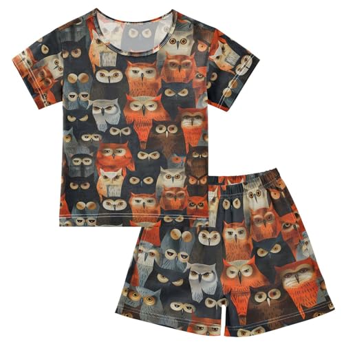 ALAZA Colored Bird Owl Art Pajamas Set Short Sleeve Cotton Sleepwear Summer Pjs 2 Piece 5-14Y
