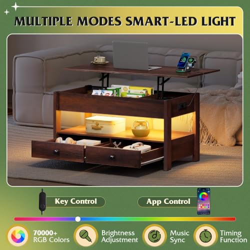 Image of WLIVE Lift Top Coffee Table with LED and 2 Drawers, Espresso