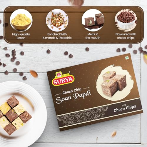 Image of HF, Surya Choco Chip Soan Papdi- 200g | Soft & Flaky, Nutty Garnish Mithai | No Added Preservatives Soan Cake for Tea-Time Snack, Ready to Serve Dessert