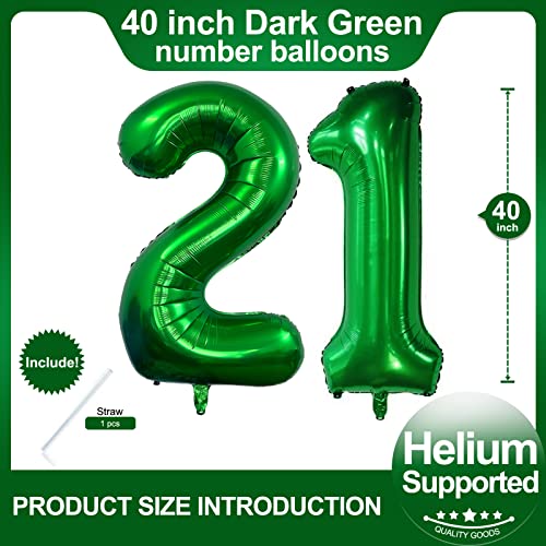 Image of Number 21 Dark Green Balloons 40 Inch Giant Green 12 Numer Foil Helium Balloons for 12th Green Birthday Party Supplies 21st Anniversary Events Decorations